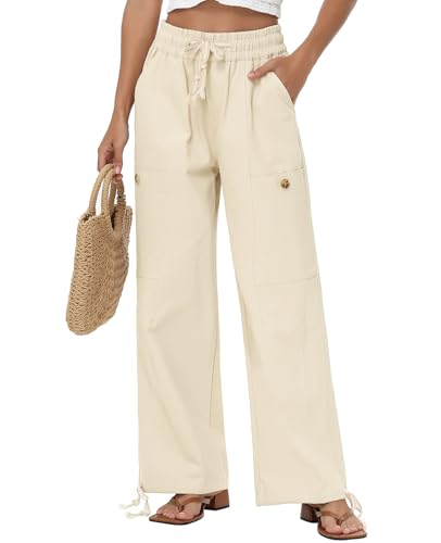 ATOFY Women's Casual Cargo Pants Joggers Cotton Elastic Waist with Pockets Drawstring Baggy Trousers(Beige,L)