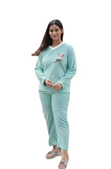 Pre Winter Night Suit for Women Light-Weight Warm Fleece Pajama Set Pullover Pants Loose Loungewear Sleepwear Winter Clothes (SkyBlue)-image-27