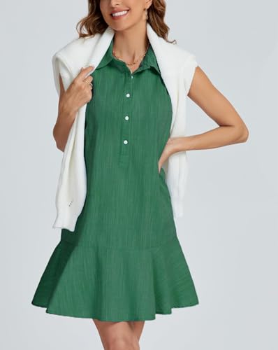 Image of Women Sleeveless Mini Dress Button Down Shirt Dress V Neck Reffle Hem Cotton Linen Tunic Short Dress