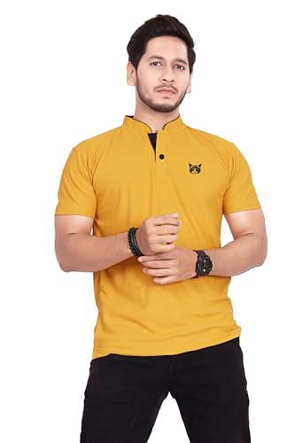 Image of BAGHADBILLO Men's and Boy's Polyster T-Shirt with Mandarin Collared Neck Half Sleeves Closuer Button and Regular Fit | Polo t Shirt for Man