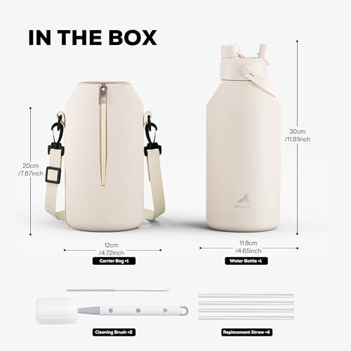 Image of POWCAN 64 oz Water Bottle Insulated with 2-in-1 Straw and Spout Lid, Carrier Bag, Handle Strap, Leakproof, BPA-Free, Half Gallon Metal Water Bottle for Camping, Picnic and Hydration (Cream)