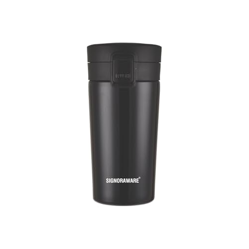 Image of Signoraware Hot Pour Coffeemate Stainless Steel Insulated Mug | 8 Hours Hot & Cold Drinks | Best for Coffee, Tea, Milk & Juices | Giftable | Great for Office, Home & Outdoor use (350ml | Black)