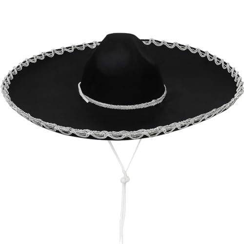 GiftExpress Adult Black Sombrero Hat 18-Inch Wide Mariachi-Style Costume Sombrero with Silver Braid Trim Polyester One Size Fits Most