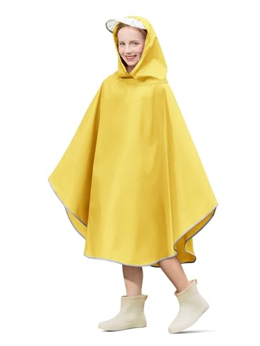Image of Haloumoning Kids Hooded Rain Poncho Girls Waterproof Lightweight Reusable Raincoat Jacket 4-14 Years