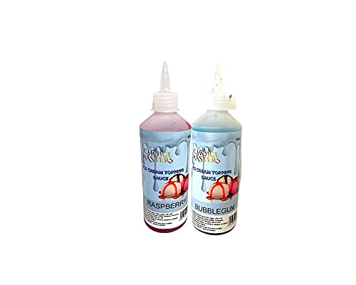 Raspberry and Bubblegum Ice Cream Topping Flavour Sauce 2Pack Bundle Syrup Topping Each 625g Squeezy Bottles Suitable for Vegetarians/Vegans for Pancake Cocktails Waffles and Popcorn