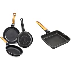 BRA Efficient Orange Set De 3 Sartenes, Aluminio, Negro, 20-24-28 Cm + Efficient Orange Grill Asador Liso, Aluminio Fundido Con Antiadherente Platinum Plus, Apto Para Inducción, 28 Cm