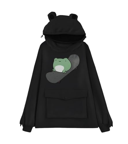 RGOSME Frog Sweatshirt Cute Frog on Skateboard Zipper Mouth Pullover Sweatshirts Kawaii Hoodies for Womens Teen Girls (Black M)