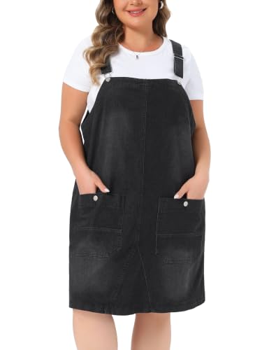 Image of Agnes Orinda Plus Size Women's Denim Overalls Dress Adjustable Strap Bib Suspender Skirts Jumper Jeans Dresses with Pockets