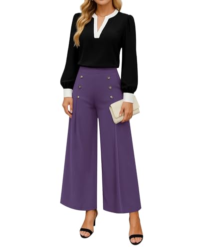 Womens Elastic High Waisted Wide Leg Pants Loose Casual Long Palazzo Trousers with Button Decor and Pockets