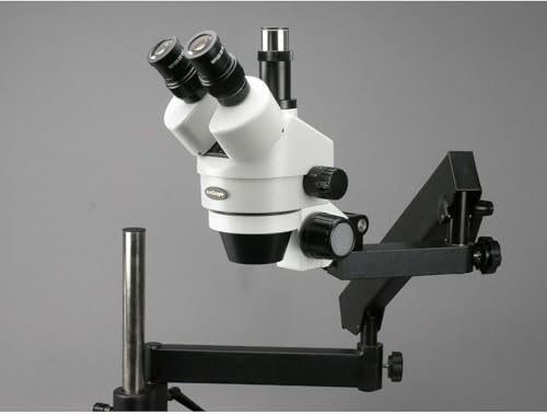 Image of AmScope SM-7TX-FRL Professional Trinocular Stereo Zoom Microscope, WH10x Eyepieces, 3.5X-45X Magnification, 0.7X-4.5X Zoom Objective, 8W Fluorescent Ring Light, Articulating-Arm Boom Stand, 110V-120V, Includes 0.5x Barlow Lens
