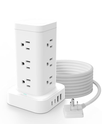 Tagzilo 16-in-1 Power Strip Tower with Surge Protector 1800J, 2USB-C & 2USB-A Ports with 12 AC Outlets, 10ft Extension Cord with Multiple outlets for Home Office Dorm Room, White