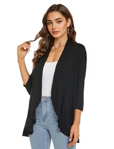 Image of YnimioAOX Women's Cardigan Lightweight Open Front 3 /4 Sleeves Draped Ruffles Knit Cardigan Sweaters