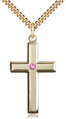 14kt Gold Filled Cross Pendant with a 3mm Pink Austrian Crystal stone on a 24 inch Gold Plate Heavy Curb Chain.