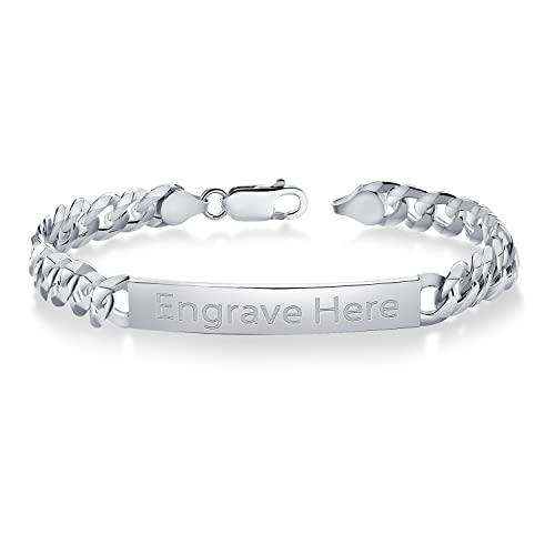 Gem Stone King Men's 925 Sterling Silver Personalized Engravable ID Name Bracelet For Men | Curb Chain 7.5, 8 or 8.5 Inch | 7MM Wide | Lobster Clasp | Made in Italy