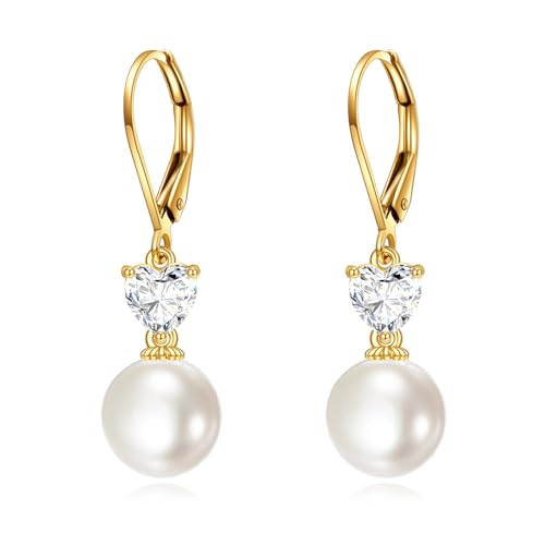 14K Solid Gold Freshwater Pearl Drop Leverback Earrings for Women - Cubic Zirconia Pearl Dangle Jewelry Gift (9MM)