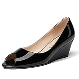 WAYDERNS Women's Black Low Heel Peep Toe Wedge 2 Inch Patent Leather Slip On Pumps Shoes Size 9 - Zapatillas de Tacon
