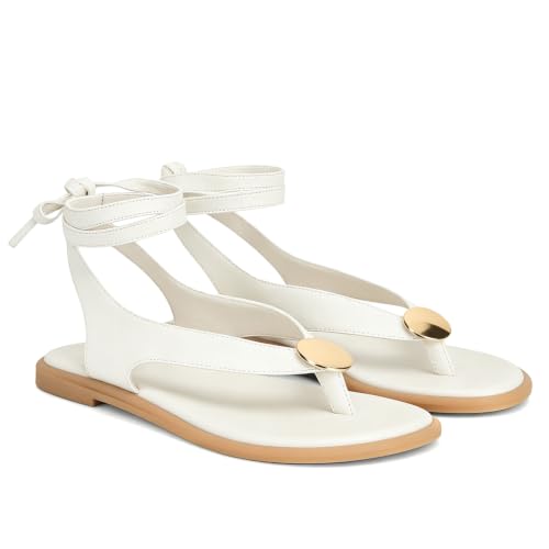 Image of Flat Sandals for Women Strappy Sandals Comfortable Dressy Beach Flip Flop Slides Thong Sandals for Women with Metal Circular