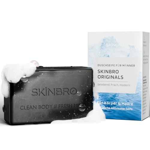 SKINBRO Originals - Gel de ducha sólido para hombres con carbón activado, deportivo y fresco, fabricado en Alemania, champú para hombre, vegano y sostenible, sin silicona, jabón sólido, 100 g