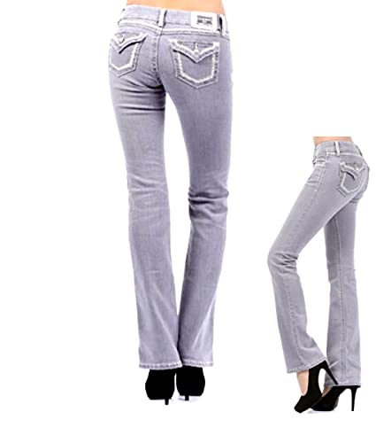 SEXY COUTURE Women's Rhinestone Dark Wash Mid Rise Boot Cut Denim Jean 0-17 (Clash Jeans Lp9200 Gray/Silver, 9)