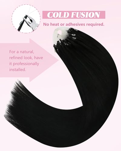 Image of YoungSee Micro Loop Hair Extensions Real Human Hair Black Microloop Hair Extensions Human Hair Jet Black Bead Hair Extension 20 Inch 50s 57g Micro Ring Hair Extension Long Straight Hair