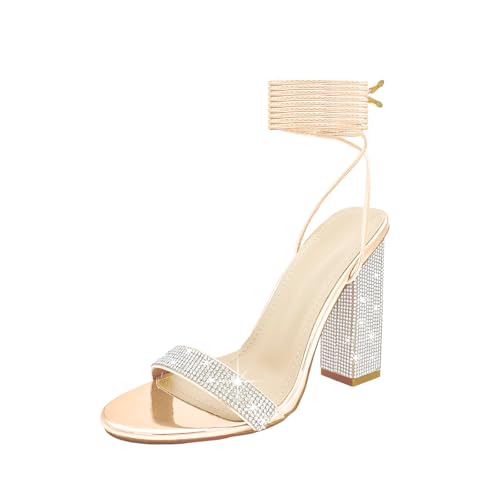 Baffoloo Women's Sparkly Rhinestones Chunky Block Strappy Heels Lace Up Gladiator Crystal Party Wedding Bridesmaids Sexy Sandals Rose Gold Size8