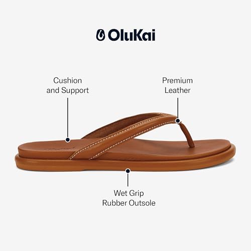 OLUKAI Tiare Women's Beach Sandals, Premium Leather & Stylish Design, All-Day Comfort & Support, Fox/Fox, 94