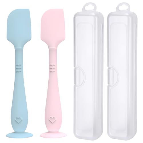 Image of 2 Pack Diaper Cream Spatula with Hygienic Travel Case, Butt Spatula Baby with Suction Base, Baby Butt Paste Spatula, Soft Silicone Diaper Rash Cream Applicator Large Size (Blue & Pink)