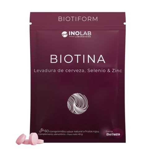 INOLAB BIOTIFORM I Vitaminas Biotina para el cabello I Biotina + zinc + levadura de cerveza + selenio I Crecimiento del pelo mujer I Aroma de frutos rojos sin azúcar ni edulcorantes. BIOTIFORM