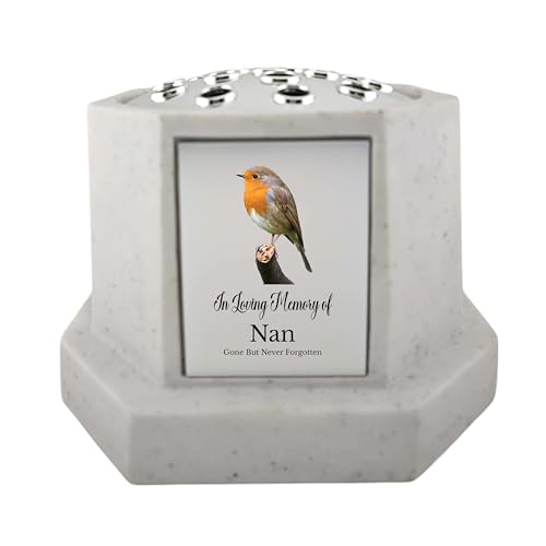 In Loving Memory Of Memorial Octagon Rose Bowl Grave Marker Flower Pot Vase With Robin Design Mum Dad & Lots More White/Silver (UV PRINTED) (Nan)