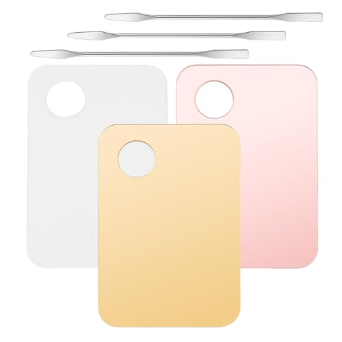 VOSAREA 3 Sets Makeup Palettes with Silver Spatulas Acrylic Cosmetic Mixing Palettes for Foundation and Pigment Blending Portable Makeup Plates for Nail Art