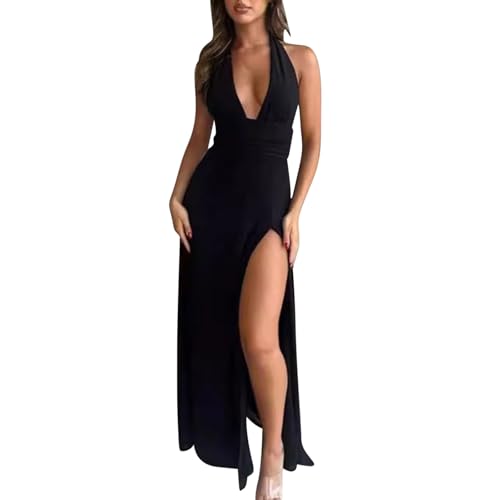 Image of Halter Neck Dress for Women UK Milkmaid Sundress Women Halter V Neck Sexy Maxi Dresses Summer Sleeveless High Split Party Dress Ladies Casual Swing Holiday Work Party Evening Dresses Black