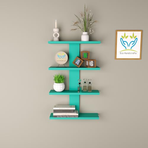Image of Wooden Wall Mounted Floating Rack Shelves Book Stand Display Hanging Shelf Living Room Bedroom Storage Home Office for Decoration Showcase (Cyan)