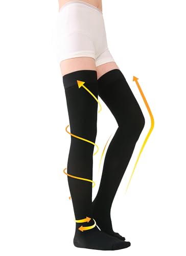 Image of TOFLY Thigh High Compression Socks for Women & Men, Closed Toe 15-20mmHg Graduated Medical Compression Stockings with Silicone Band, Opaque Support Stockings for Varicose Veins, Edema, DVT,Black L