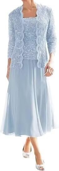 2 Piece Mother of The Bride Dresses with Jacket Lace Applique Chiffon Long Formal Evening Gowns with Sleeves