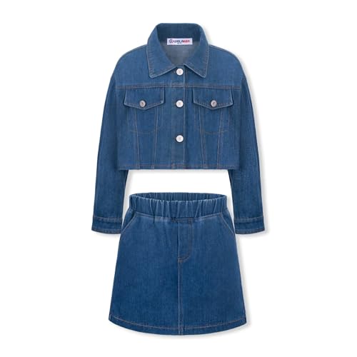 Image of WELAKEN Girls 2-Piece Cropped Denim Jacket Skirt Set | Decorative flap pocket cropped jacket、Elastic waist skirt with pockets、Soft cotton denim set