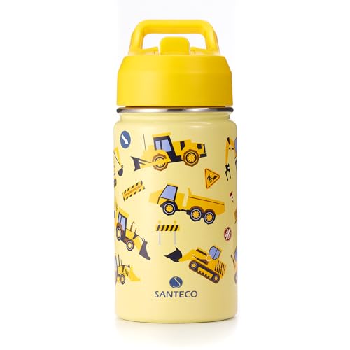 SANTECO Botella de agua para niños con pajita - Vaso isotérmico de 380 ml - Mantiene la temperatura - Diseñado para el colegio, la guardería y el camping - SIN BPA