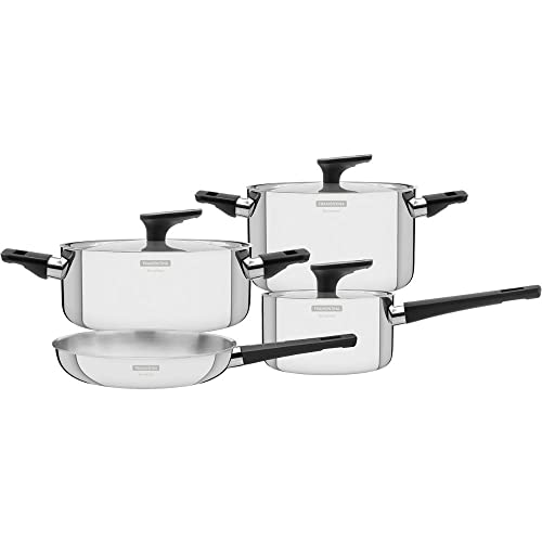 Jogo de Panelas Tramontina Grano Baquelite em Aço Inox com Corpo Triplo e Cabos e Alças de Baquelite Preto 4 Peças