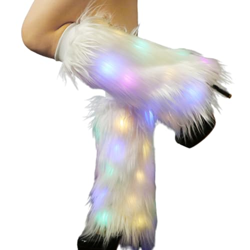 Leg Warmers for Women 15.8 Inch Fashion Faux Boot Covers Lighted up White Warm Winter Fuzzy Leg Warmers for Women Ladies with Light
