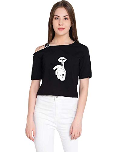 Crazyinkshut Up Printed Black Crop Top For Women One Side
