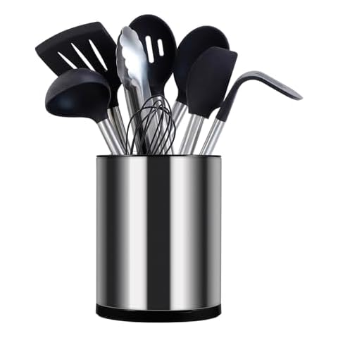 TOWODE Kitchen Utensil Holder Extra Large Stainless Steel Cooking Silverware Organizer with No slip Weighted Base 360°Rotating Utensil Holder Caddy For Kitchen Counter with Drainage Hole,3 Compartment Cover