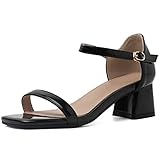 Lizoleor Women Ankle Strap Dress Patent Block Mid Heels Sandals Open Toe Comfort Evening Dance Bride Wedding Shoes Black Size 1 US/32
