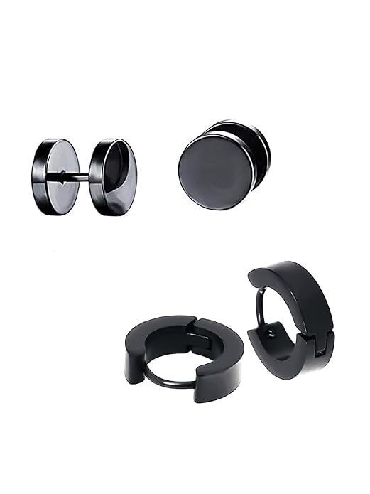 beautivia Stud Earrings for Men Combo of 2 Pairs Stainless Steel Dumbbell Black Stud Hoops Earrings for Men and Women-picture-18