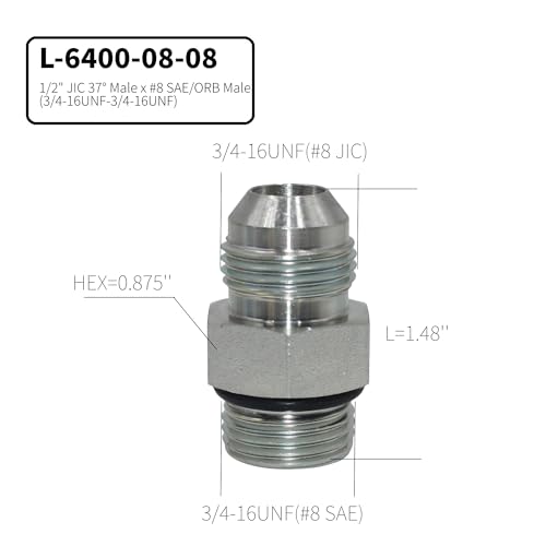 Image of 10 PACK 1 /2 inch JIC 37 Male x #8 SAE /ORB Male Pipe Steel Hydraulic Adapter Flared Tube Fitting Pipe Connector L-6400-08-08