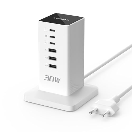 TESSAN 30W USB Ladegerät Mehrfach, 6 in 1 Ladestation mit 6 Ports (3 A und 3 C), USB Stecker, 30W Adapter mit 2m Kabel, Kompakt Charger, Netzteile für Handys, Tabletten usw 30W Weiß