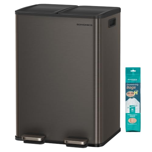 SONGMICS Trash Can, 2 x 8 Gallon (2 x 30 L) Dual-Compartment Garbage Can with Soft-Close Lid, Pedal and Inner Buckets, Stainless Steel, Includes 15 Liner Bags, Slate Gray ULTB741G01