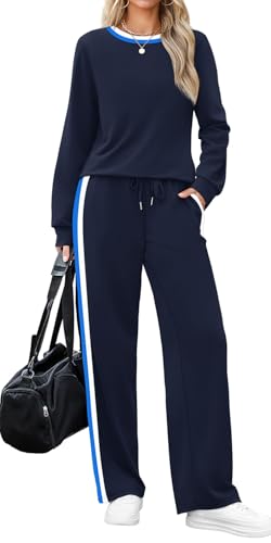 WIHOLL 2 Piece Lounge Sets for Women Long Sleeve Tops Wide Leg Sweatpants Sweatsuits with Pockets2