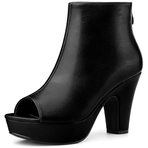 Allegra K Peep Toe Black Ankle Boots for Women Back Zip Chunky Heel Platform Boots 7.5 M US