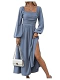 Floerns Women's Square Neck Lantern Long Sleeve Dress Split Ruched Party Midi Dresses Dusty Blue Medium