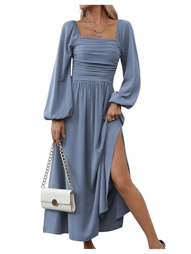 Floerns Women's Square Neck Lantern Long Sleeve Dress Split Ruched Party Midi Dresses Dusty Blue Medium