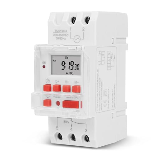FUANA TM919B - Temporizador programable 30 A, 5000 W, montaje en riel DIN, controlador de tiempo semanal con pantalla LCD/LED, 16 programas de encendido/apagado por día, industrial y comercial para